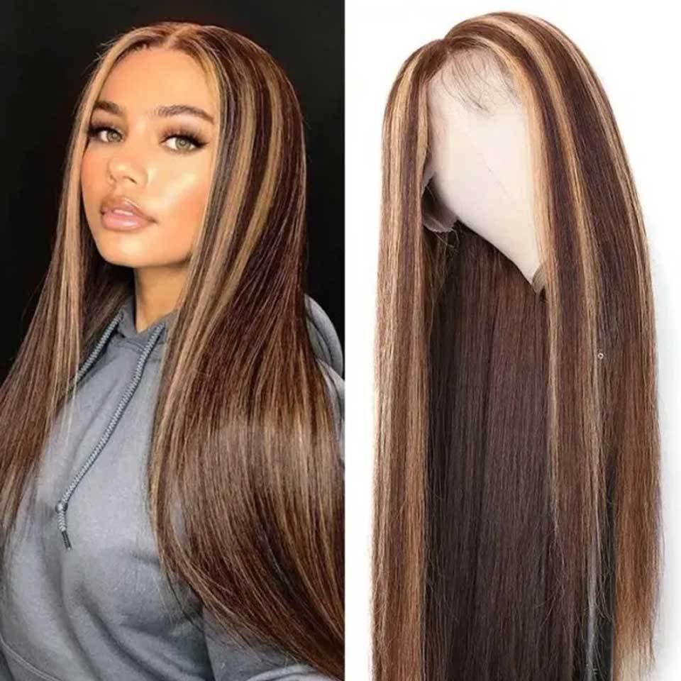13X4 Front Lace Piano Pick Dyeing 4 27T Human Hair Headgear Wig. Straight Highlight Lace Front Human Hair Ombre