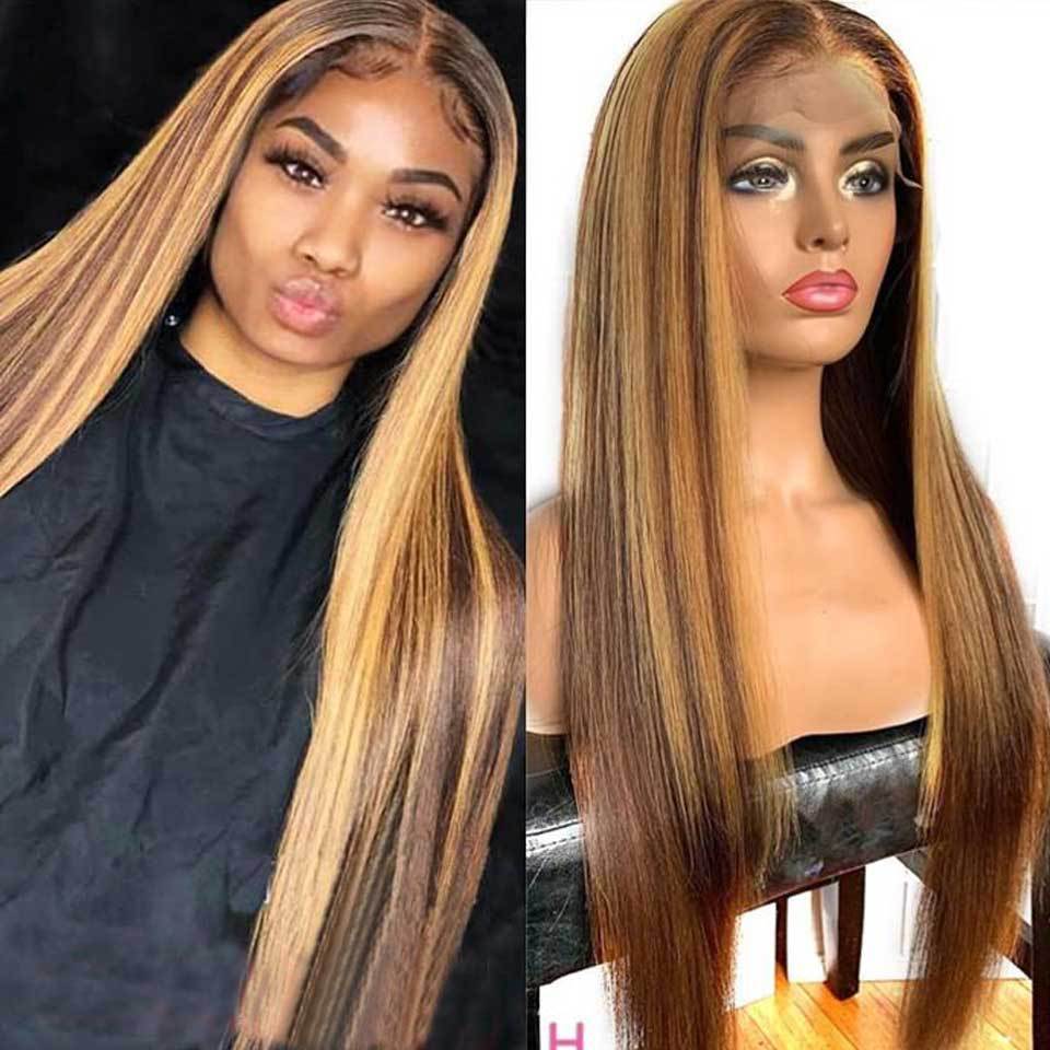 13X4 Front Lace Piano Pick Dyeing 4 27T Human Hair Headgear Wig. Straight Highlight Lace Front Human Hair Ombre