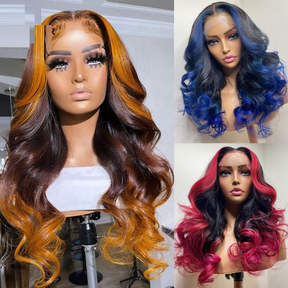 13X4 100% Human Density Gradient Orange Yellow Blue And Green Real Hair Headgear