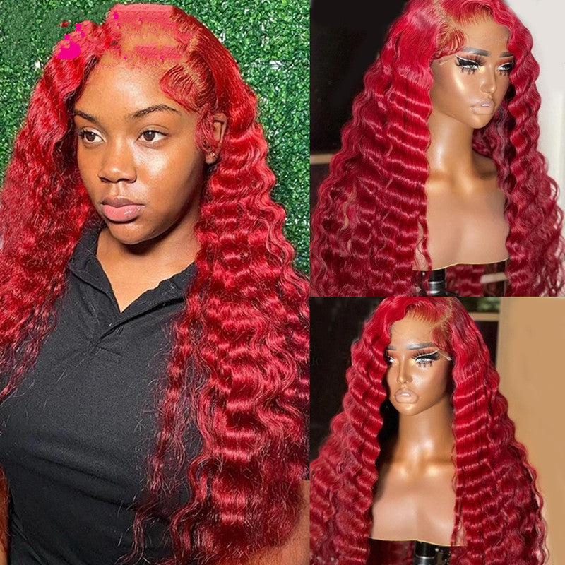 13X4, Tshaped head cover 150 Red Deep Wave 100% Human Hair Wig Real Headgear