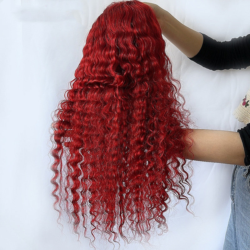 13X4, Tshaped head cover 150 Red Deep Wave 100% Human Hair Wig Real Headgear