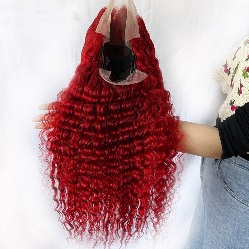13X4, Tshaped head cover 150 Red Deep Wave 100% Human Hair Wig Real Headgear