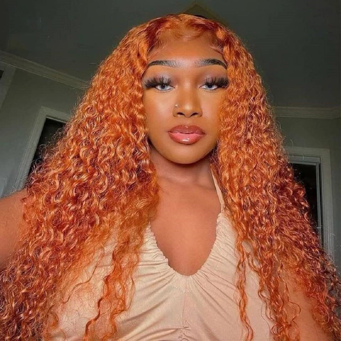 13X4 Front Lace Small Curly Orange Curly Hair Chemical Fiber Fake Head Cover