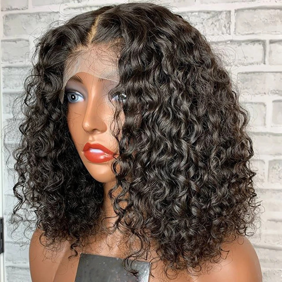 13X4 Front Lace Fluffy Black Medium Length Small Curly Wig