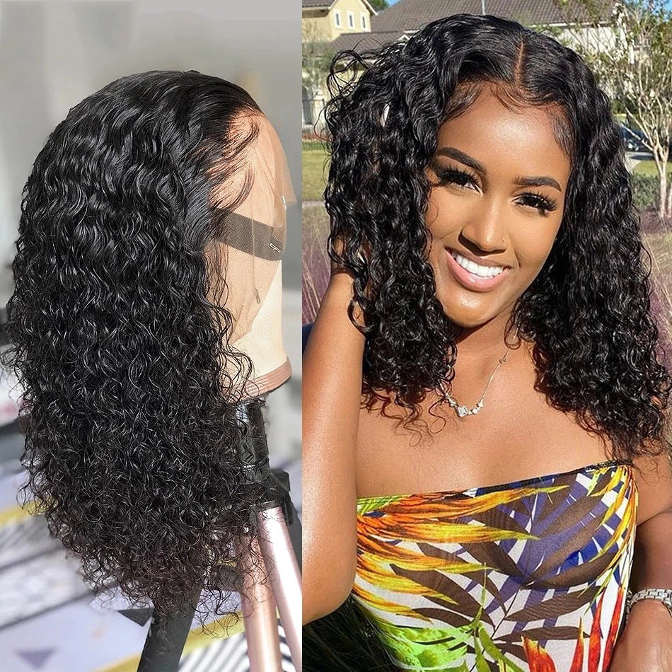 13X4 Front Lace Fluffy Black Medium Length Small Curly Wig