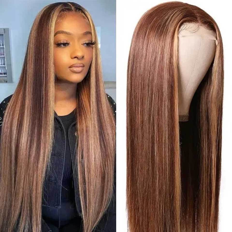 13X4 Front Lace Piano Pick Dyeing 4 27T Human Hair Headgear Wig. Straight Highlight Lace Front Human Hair Ombre