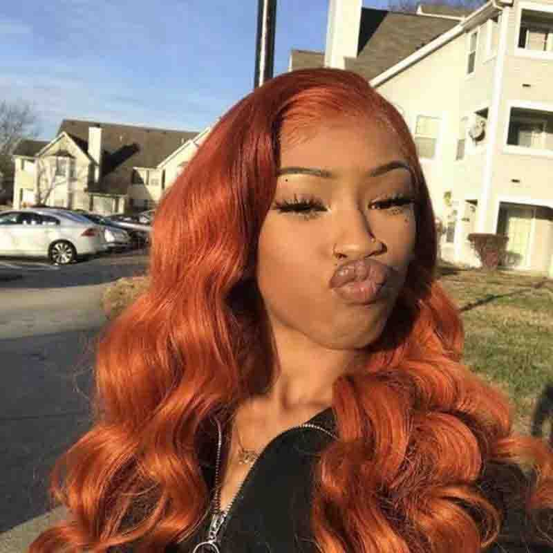 13X4 European And American Dark Orange Wig Hair Set Smooth Hair