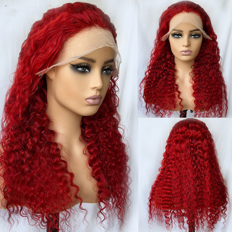 13X4, Tshaped head cover 150 Red Deep Wave 100% Human Hair Wig Real Headgear